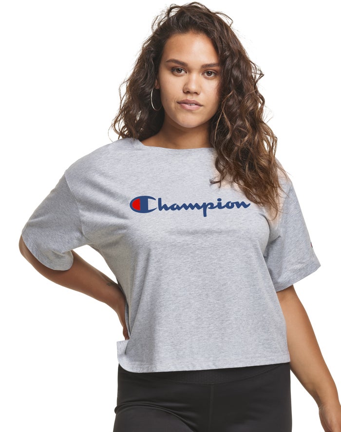 Camiseta Champion Mujer - Plus Cropped Script C Logo ( Gris ) 8205497-ZE